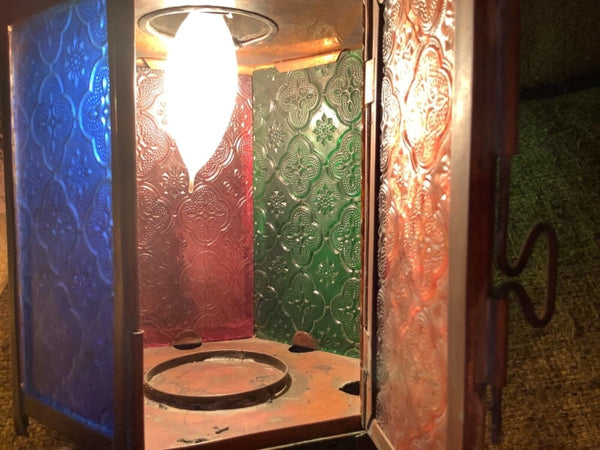 Vtg metal Brass Retro Light Fixture lamp swag stained glass lantern patio mcm 2