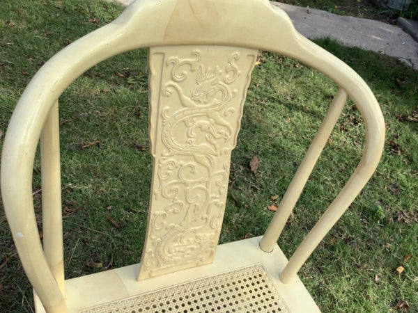 Vtg cane lacquer Chinoiserie Dragon Dining Chairs Henredon  pair goatskin