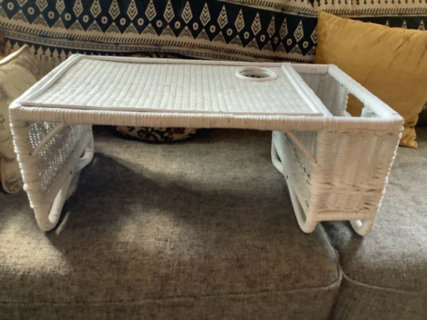 Vtg Shabby Cottage White Wicker Bed Lap Breakfast Serving Tray magazine rack