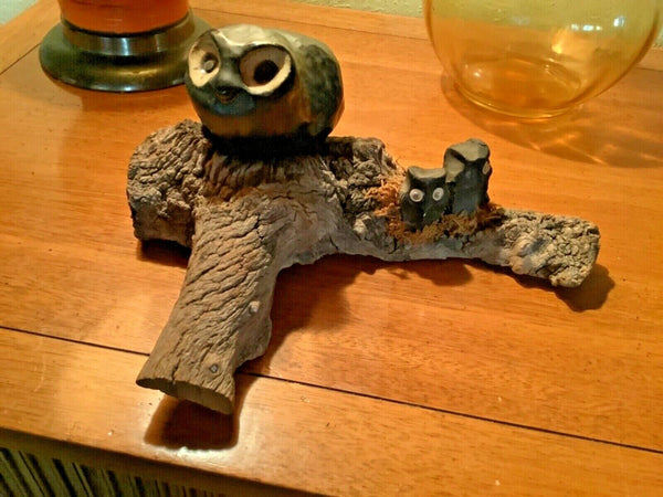 Vtg wood Owls Bird on branch tree sculpture art signed Lr mid century modern