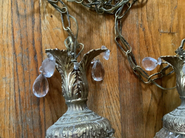 Vtg Mid Century Double Swag Lamps Hanging cut glass Crystal Light fixture prisms