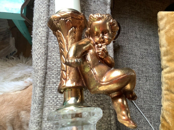 Vtg Hollywood Regency Metal brass gold & Glass Cherub Table Lamp