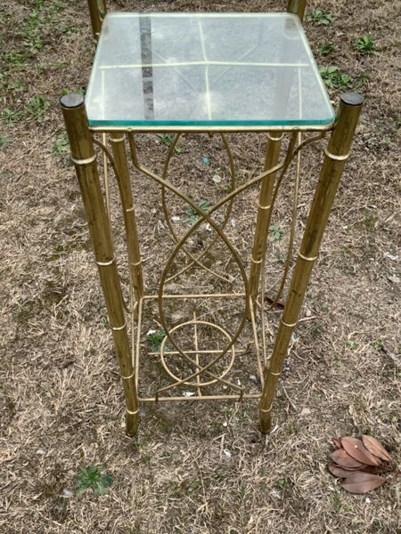 Vtg Brass Glass Plant Stand Metal Gold brass Boho MCM faux bamboo Regency