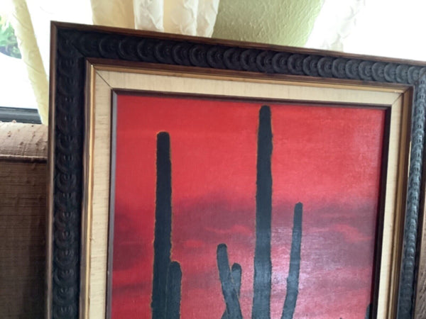 Vtg Painting sunset Landscape Desert Saguaro Cactus Mountains Southwest 1978