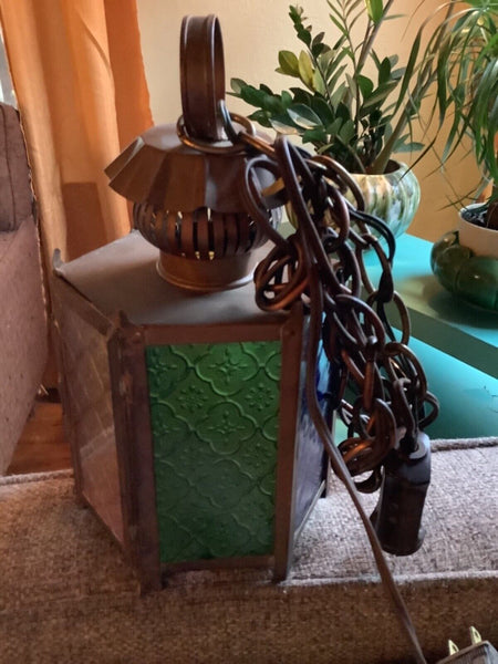 Vtg metal Brass Retro Light Fixture lamp swag stained glass lantern patio mcm