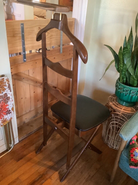 Vtg Mid Century Valet Stand Man Suit Rack Coat Butler Clothes Hanger  Seat chair