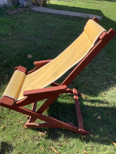 Vtg Beach Sling Chair red Wood & Canvas Deck Beach Pool Lounge Chair  Folding