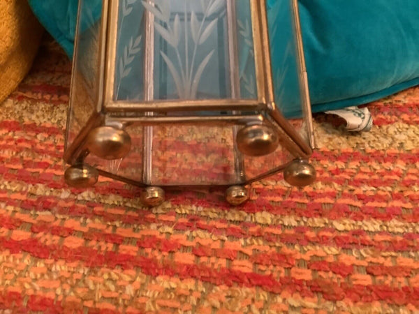VTG Brass Glass Trinket Display Hexagon Hinged etched display box chest