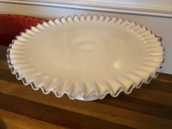 VTG FENTON ART GLASS Milk CREST CAKE STAND PLATE RUFFLED