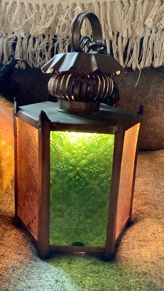 Vtg metal Brass Mid Century Light Fixture lamp swag stained glass lantern patio
