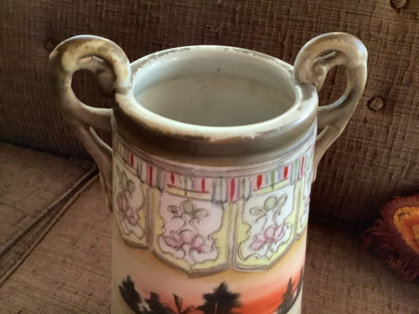 Vintage SIGNED NIPPON HAND PAINTED SCENIC HANDLED VASE antique windmill