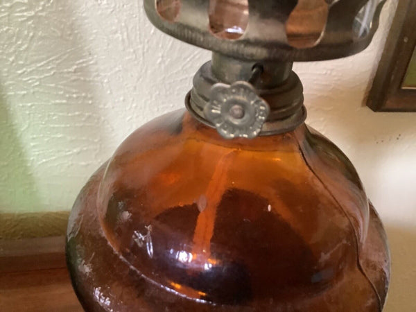 Vintage AMBER GLASS brass  OIL LAMP.chimney made in Hong Kong