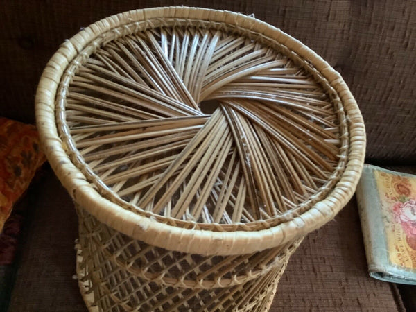 Vintage WICKER Trash Can RATTAN Basket BOHO Plant Stand MID-CENTURY Bamboo TABLE