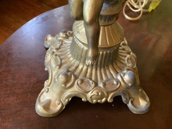 Antique Vintage cast Electric Cherubs Table boudoir Lamp Slag Glass brass Shade