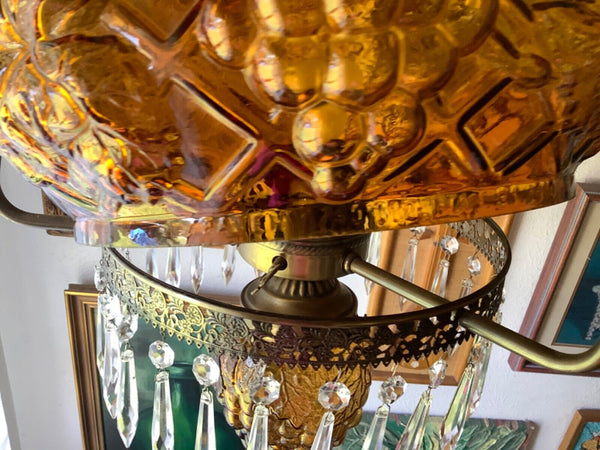 Vtg light fixture antique brass Amber grape glass shade GWTW hurricane Globe