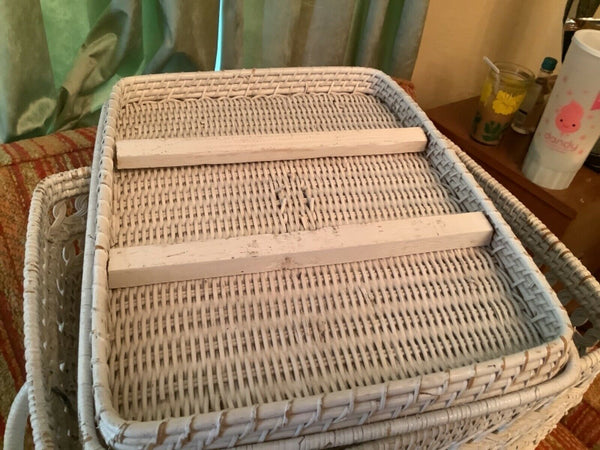 Vitg mid Century modern White Wicker Hamper Basket Lid Boho Chic MCM wastebasket