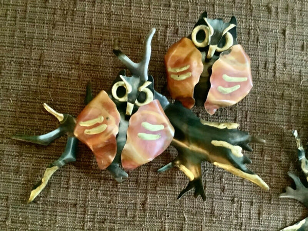 Vtg pair Mid Century HOMCO Brass & Copper Metal Owl Pair tin Wall Art sculpture