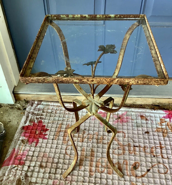 Vtg  MCM Salterini Style Wrought Iron Plant Stand end table Flowers Rare  glass