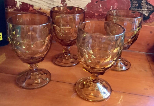 Vtg Amber glass Thumbprint Stemmed Footed Water wine Goblets Set Of 4