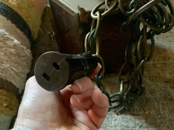 Vtg metal Brass Retro Light Fixture lamp swag stained glass lantern patio mcm 2