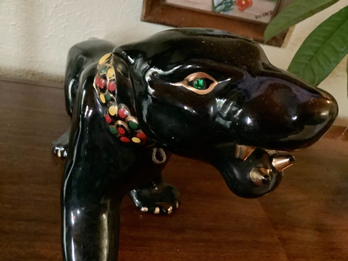 MCM Vtg Black Panther Statue Gold jewel tone Collar Green