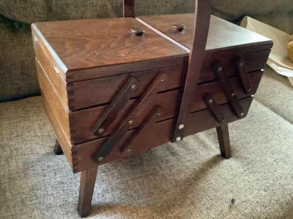 VTG Mid Century Strommen Bruk Hamar Norway Accordion Style Wood Sewing Box Chest