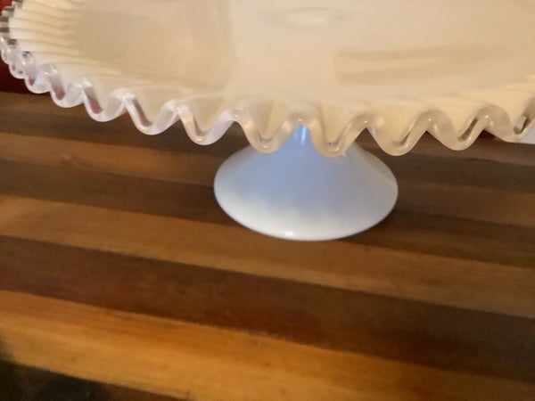 VTG FENTON ART GLASS Milk CREST CAKE STAND PLATE RUFFLED