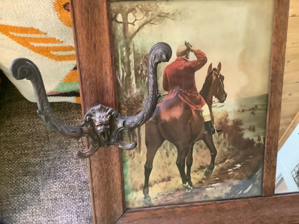 Vtg antique victorian tiger Oak Hall Mirror Coat hat Rack brass Hooks wood horse