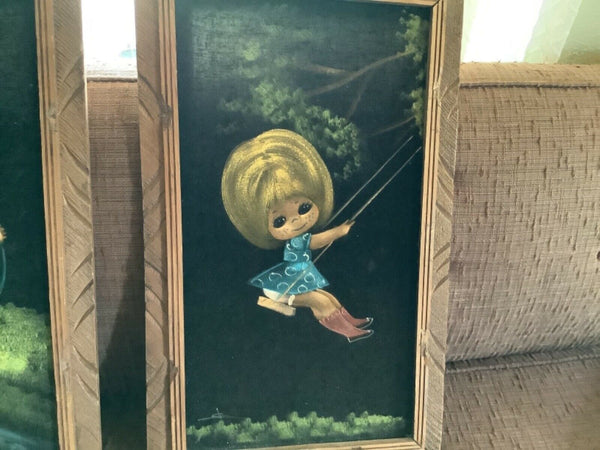 Vintage Mid Century frame Black Velvet Painting big eyed Girls Wall Signed retro