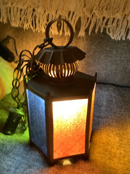 Vtg metal Brass Retro Light Fixture lamp swag stained glass lantern patio mcm