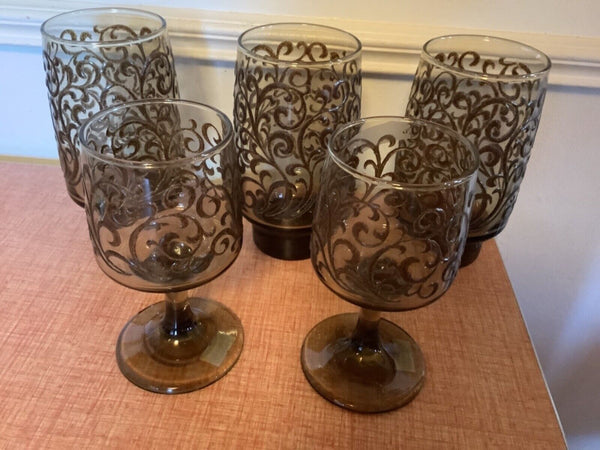 5 Vtg Libbey Wine bar Glasses Prado Brown Raised Swirl Tawny Smoked Glass Libby