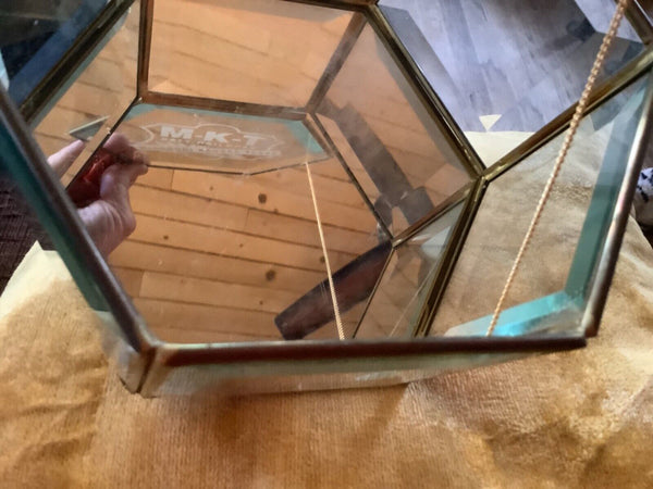 Vtg Brass Glass Jewelry Trinket Curio Display Case Box hexagon MKT railroad