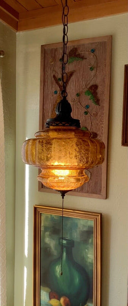 Vtg Mid Century modern Retro Hanging Swag Light Lamp Amber Glass globe mcm