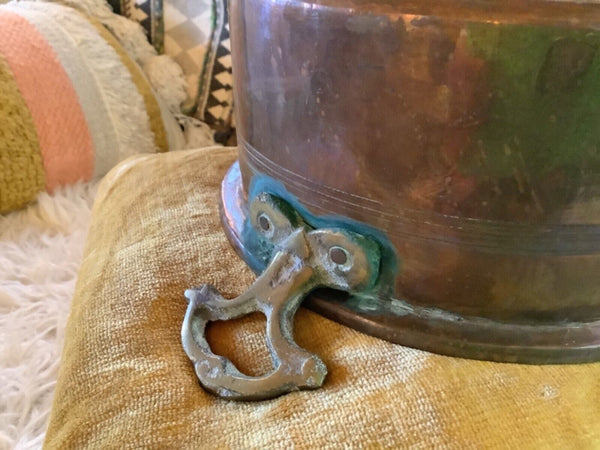 VTG hammered Copper Tin Lined Brass Handle pot Pan no lid