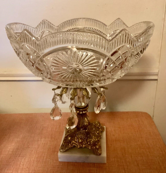 Antique Cut Glass Crystal Compote Fruit Bowl w/ Prisms Brass Pedestal and Marble