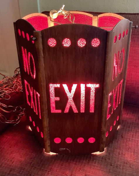 Vtg  Red EXIT no exit Sign Vintage mid Century modern hanging swag wood lamp