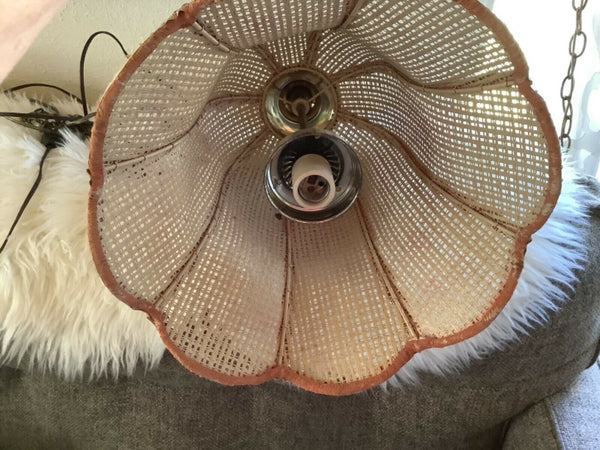Vintage 70's MCM Boho Wicker Rattan Hanging Swag Lamp Danish Mid century retro