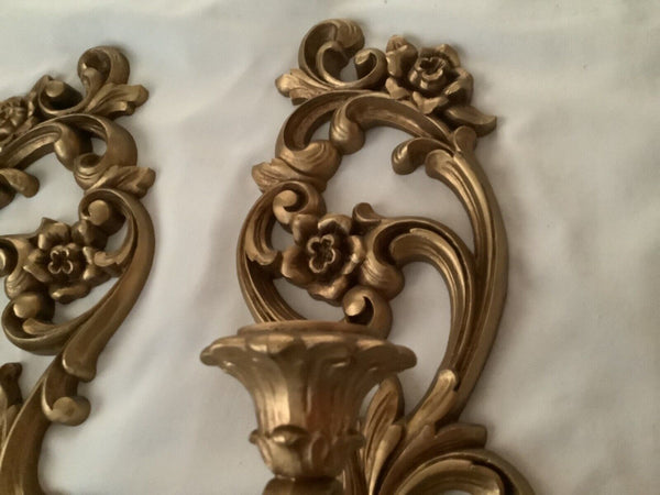 Vintage Pair (2) Syroco Style Wall Candle Holder/Sconce Gold Gilt Homco 4118