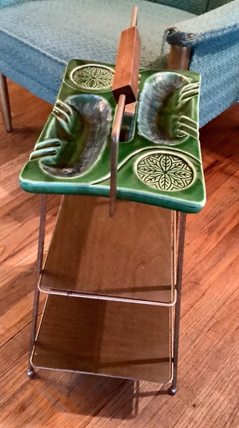 Vtg Mid Century Modern Teak Wood Smoking Stand Magazine Rack w/Ceramic Ash Tray