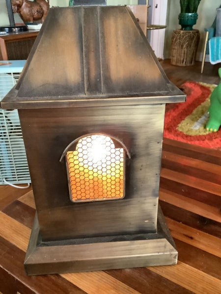 Vtg brass table Lamp Mid Century Modern Stained glass door house shaped lantern