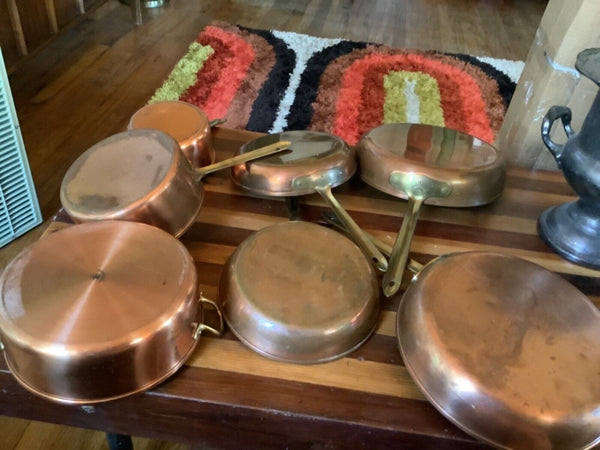 Vtg lot 9 piece Tagus pot cookware set sauce frying pan copper brass