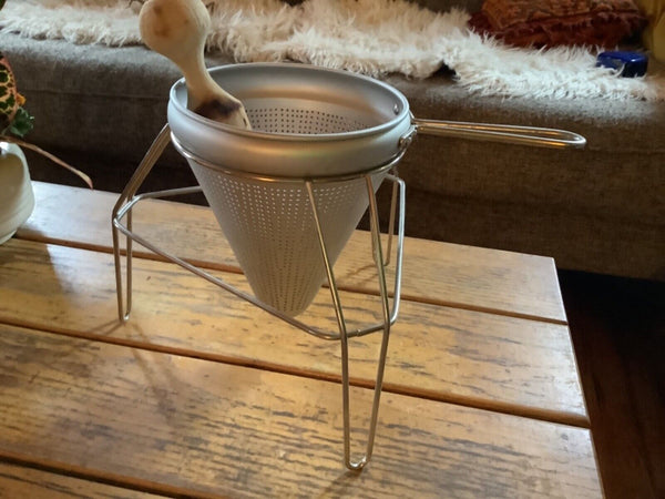 Vintage Aluminum Cone Colander with Stand & Wood Pestle Canning Strainer Sieve