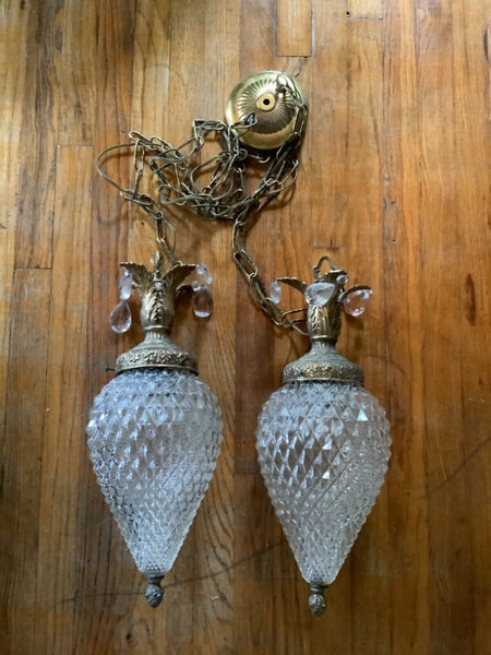 Vtg Mid Century Double Swag Lamps Hanging cut glass Crystal Light fixture prisms