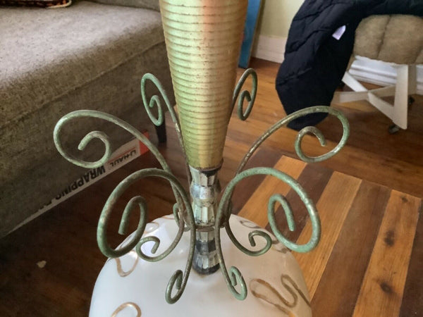 VTG 1960s Mid Century Modern White gold Ceramic brass Pottery Table desk Lamp