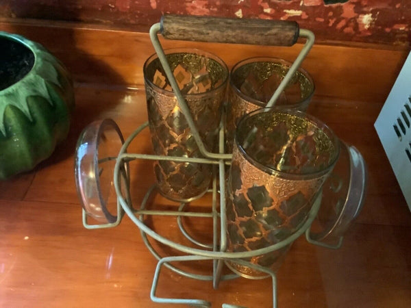 Vtg 4 Culver Valencia 22 kt Gold & Green Highball Tumblers caddy coasters mcm