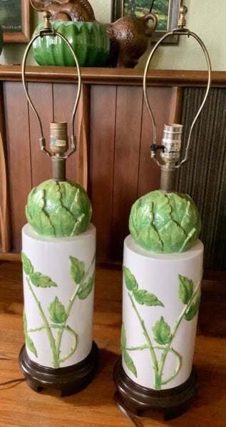 VTg  pair Asian Chinese POTTERY wood ceramic leaf leaves TABLE LAMP mid Century