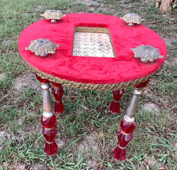 Vtg MID CENTURY Modern mcm pair suede velvet Glass top END side TABLES  red