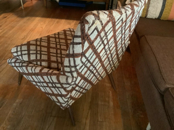 Vintage Wood fabric brown plaid Mid century  Modern Arm lounge Chair mcm retro