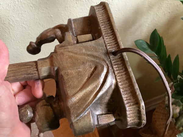 Art Deco cast metal Table Lamp Man Woman  Sculpture glass star globe Vtg antique