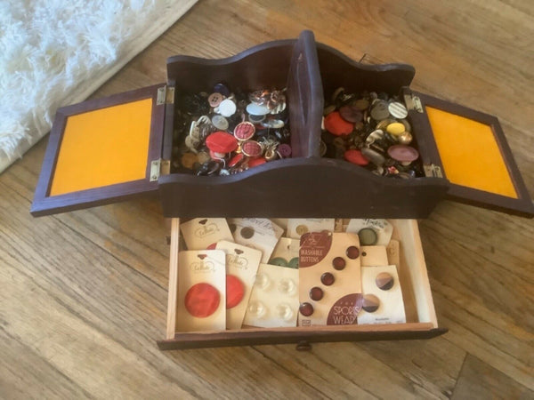 Vtg Wood Sewing Box chest Pin Cushion Fabric Top full  buttons drawer